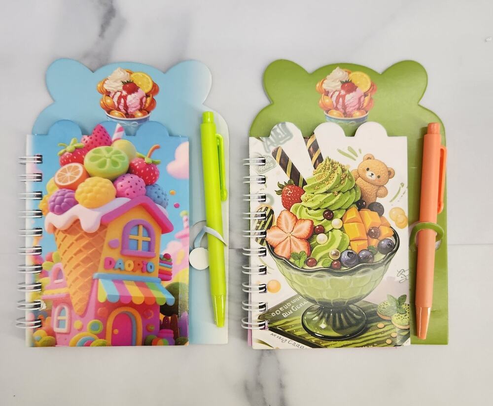 2 Spiral Pocket Notebook/Pen Ice Cream 4x5.5" Small Journal or Diary